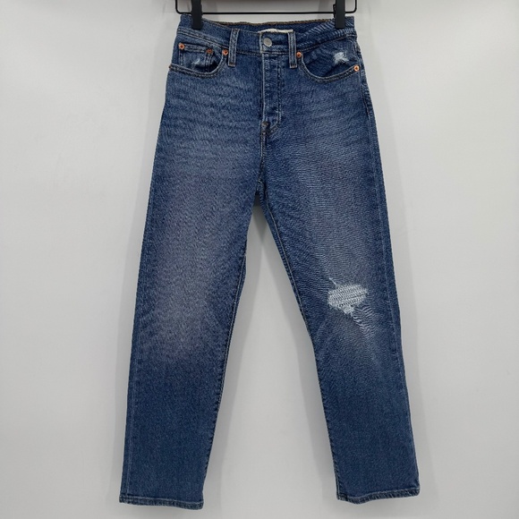 Levis Jeans Women 25 Blue Wedgie Straight Button Fly Distressed Stretch Denim - Picture 1 of 13